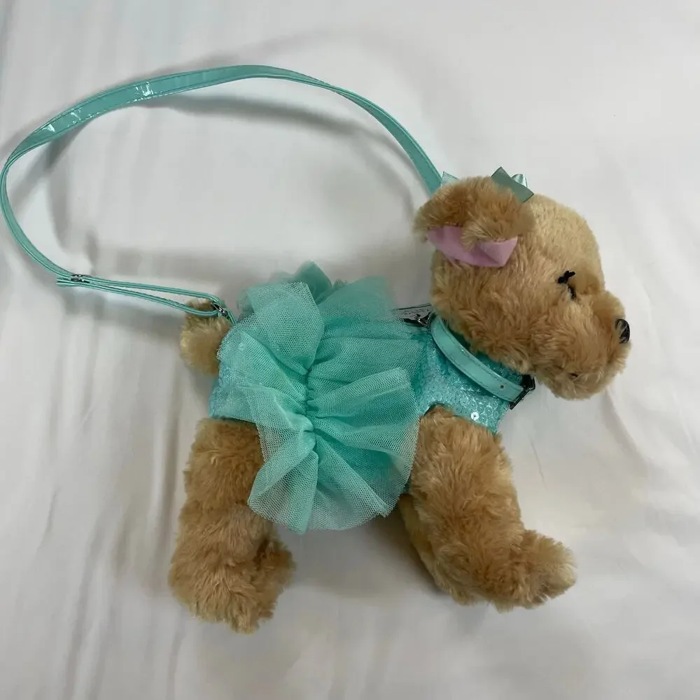 Poochie & Co Plush Dog Purse Sequins Tulle Tutu Aqua Teal Blue Girls Handbag